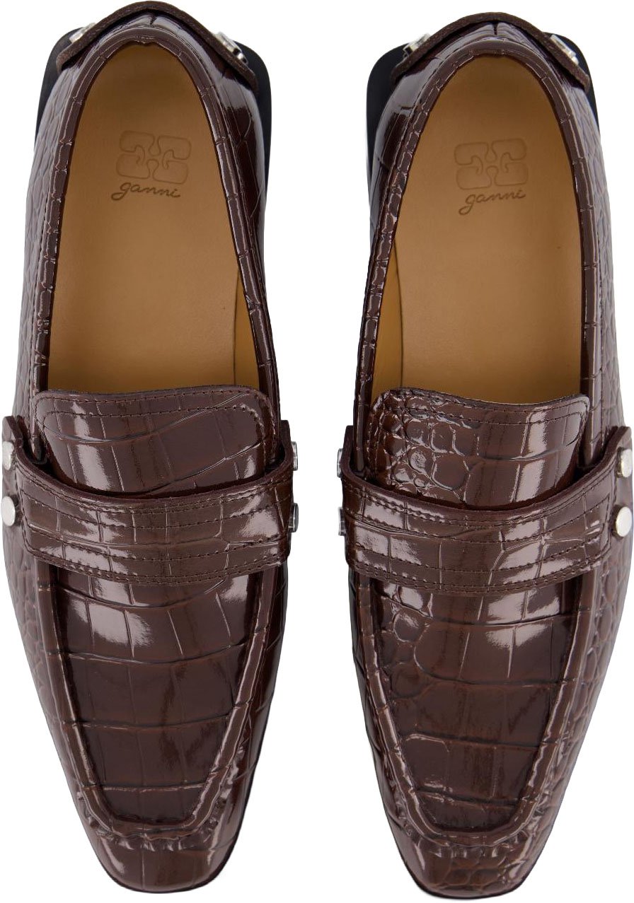 Ganni Dames Brown Croco Loafers Bruin