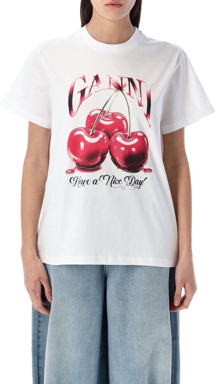 Ganni Cherry Tee Bianco Wit