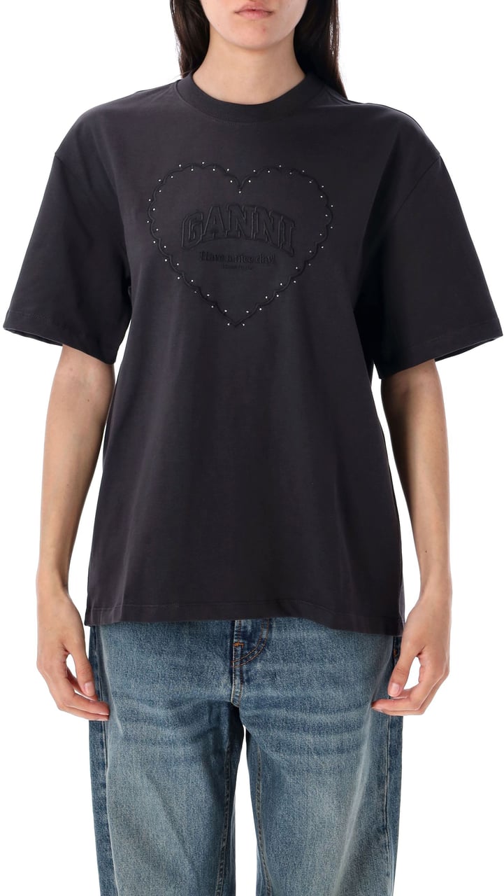 Ganni Heavy Cotton Drop Shoulder Heart Tshirt Phantom Divers