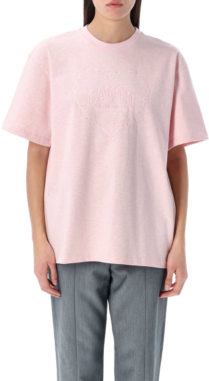 Ganni Heavy Cotton Drop Shoulder Heart Ts Chalk Pink Roze