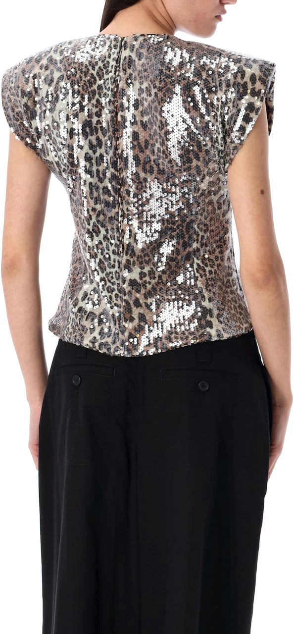 Ganni Blouse Top Sequin Leo Marrone Bruin