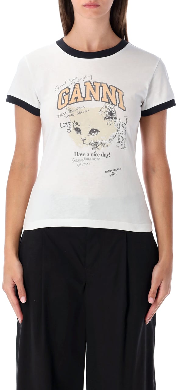 Ganni Tee Cat Bianco Wit