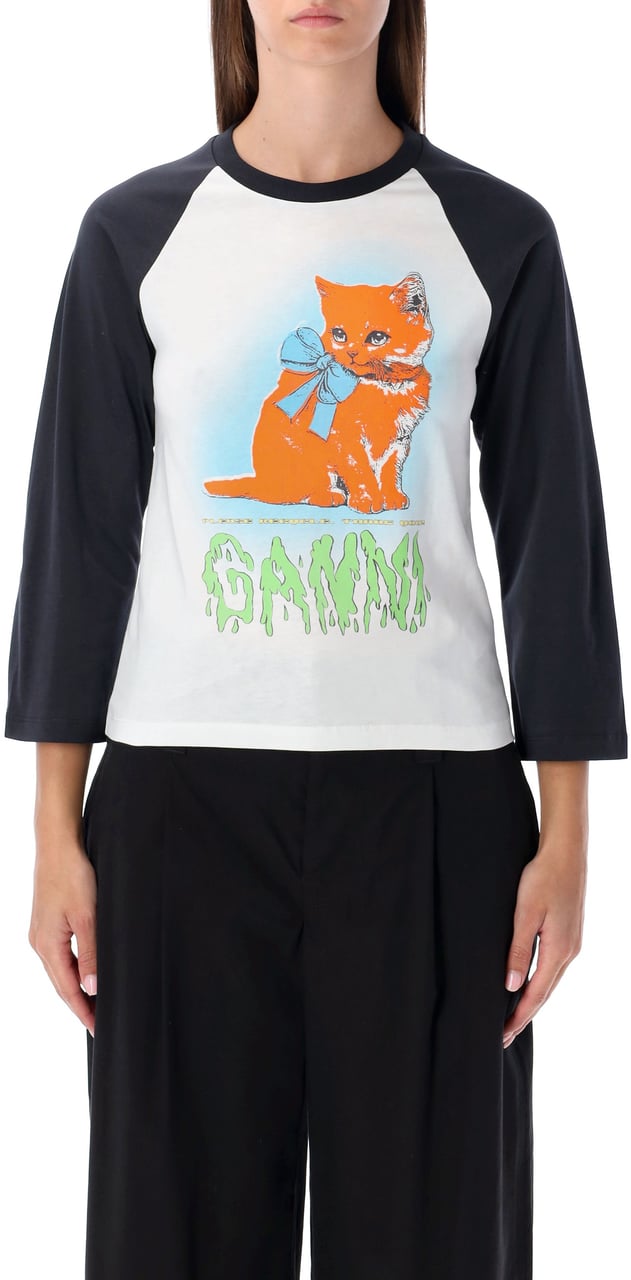 Ganni Baseball Tee Cat Bianco Wit