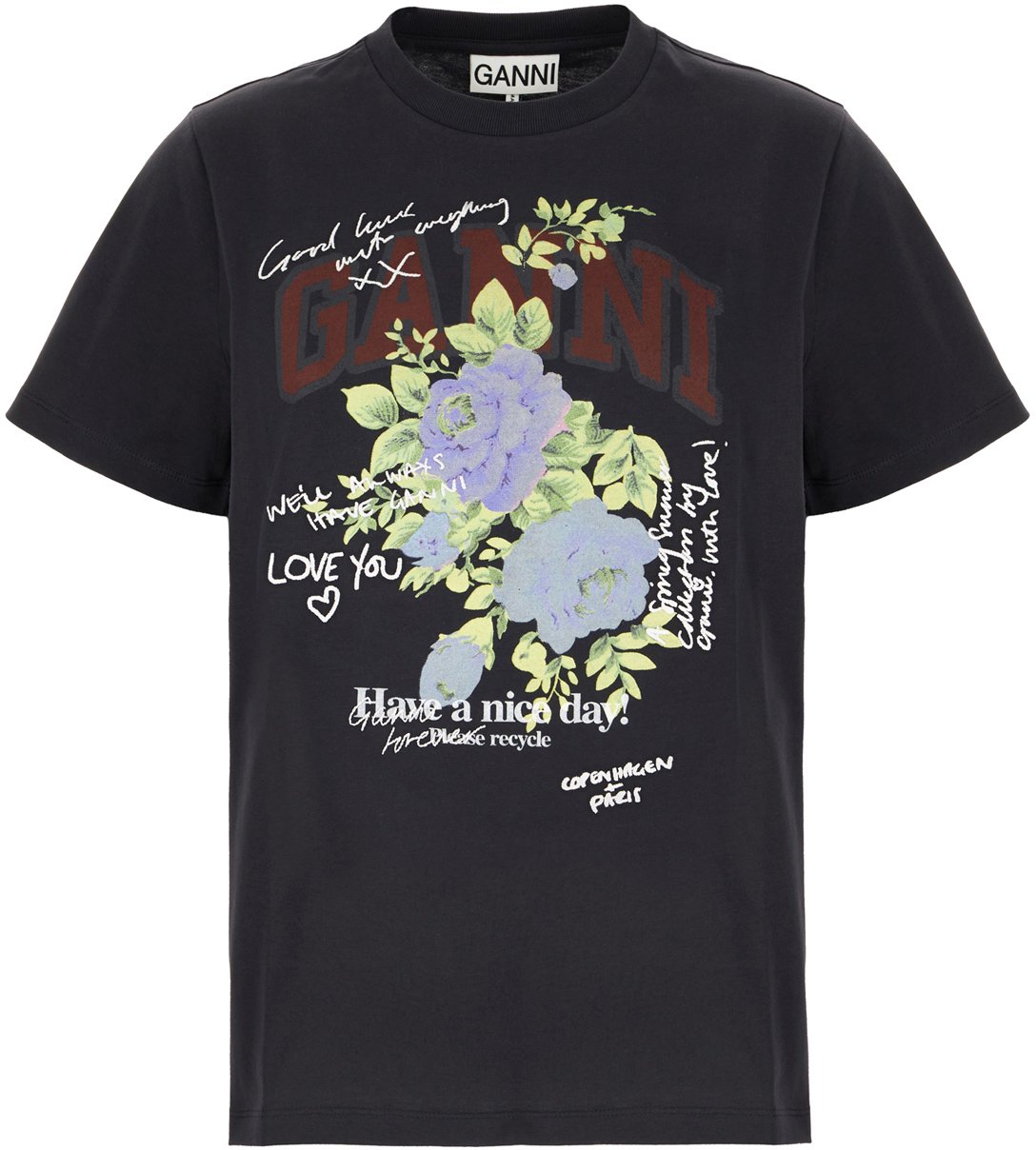 Ganni Ganni Charcoal cotton t-shirt Zwart