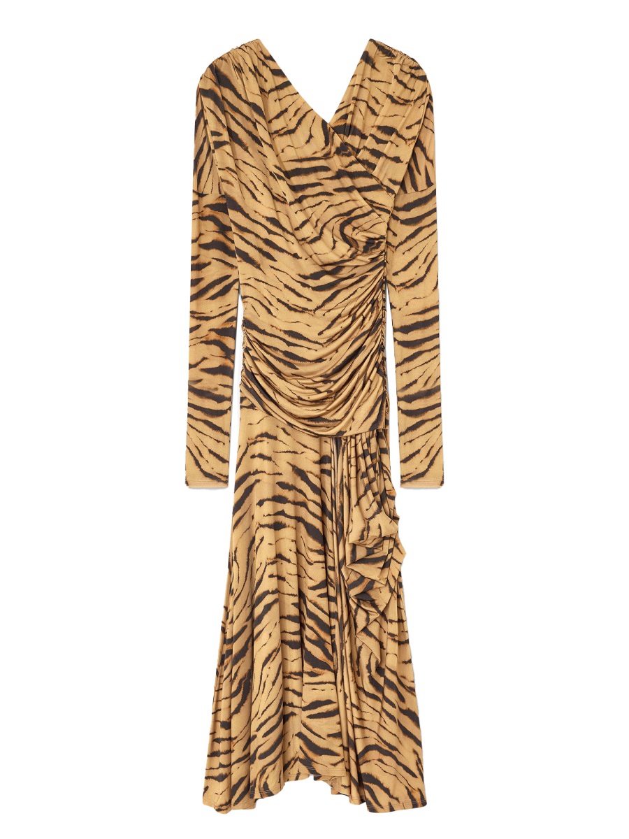 Ganni Tan Viscose-Blend Zebra Print Dress Bruin