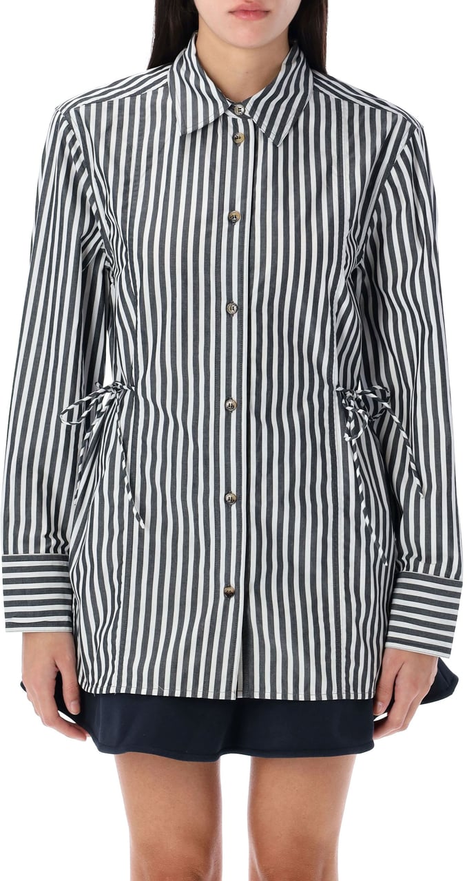 Ganni Stripe Oversized Tie String Shirt Black Stripes Zwart