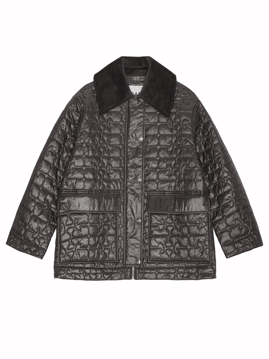 Ganni Neutrals Quilted Midi Recycled Nylon Coat Grijs