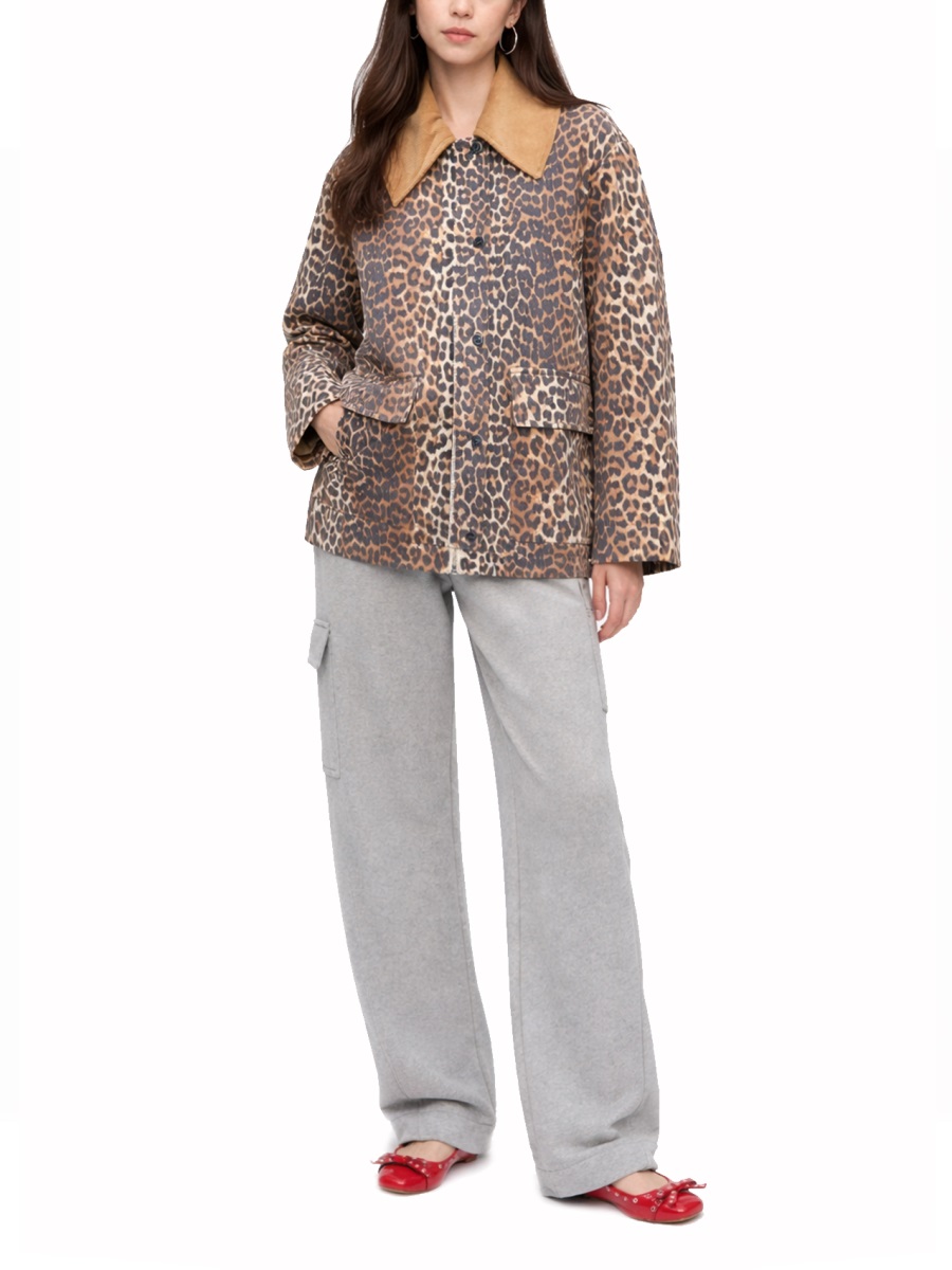 Ganni Leopard Print Hemp-Blend Midi Jacket Grijs