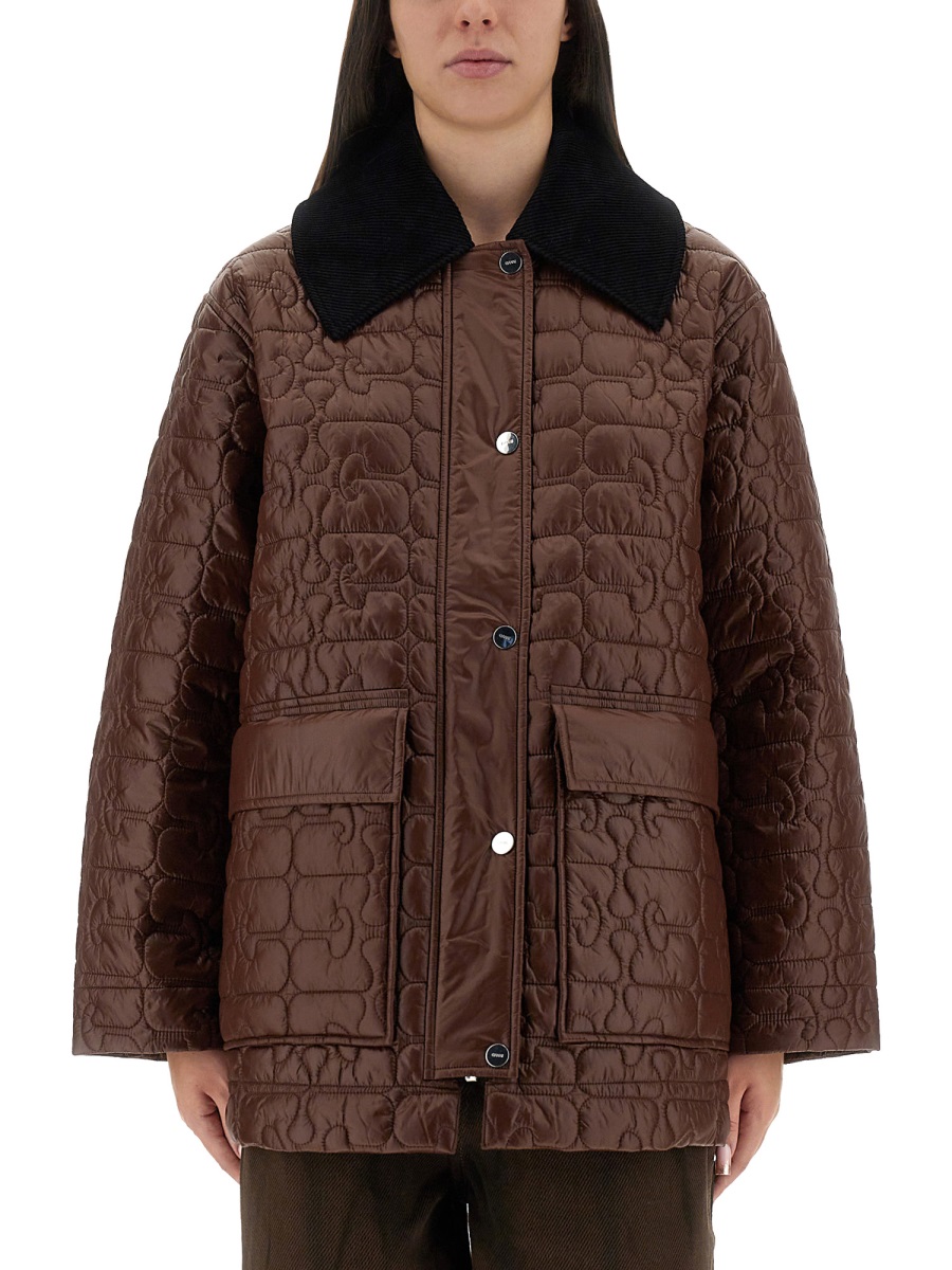 Ganni Quilted Midi Front Flap Jacket Zwart