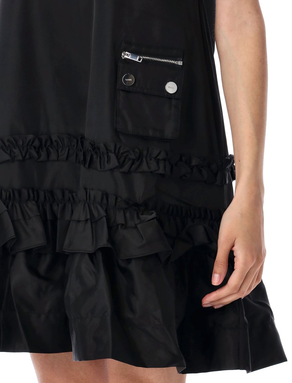 Ganni Duchesse Nylon Mini Dress Nero Zwart