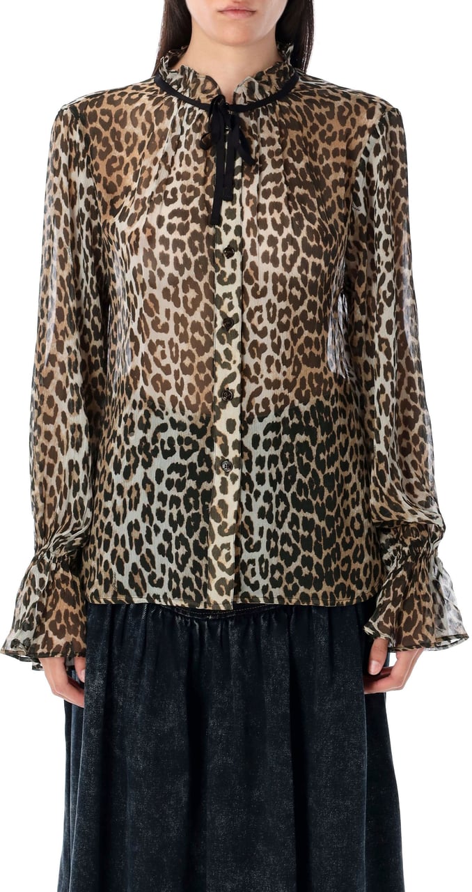 Ganni Leo Chiffon Shirt Marrone Bruin