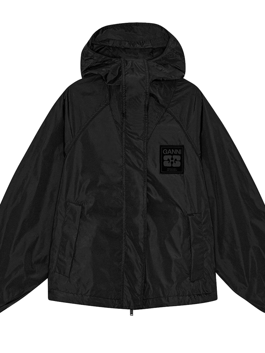 Ganni Oversized Recycled Polyamide Hooded Jacket Zwart