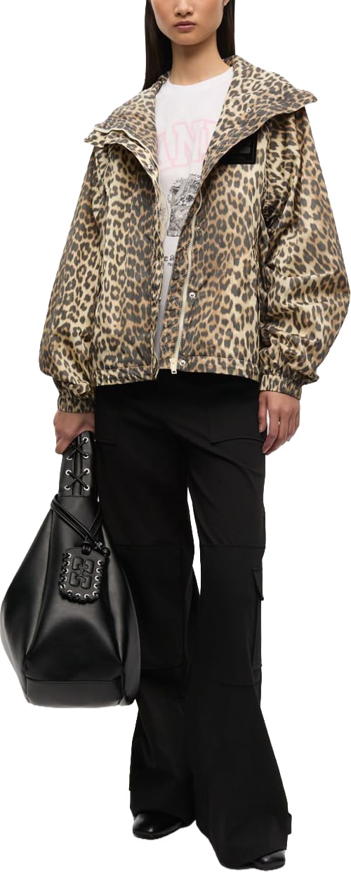 Ganni Coats Leopard Print Beige
