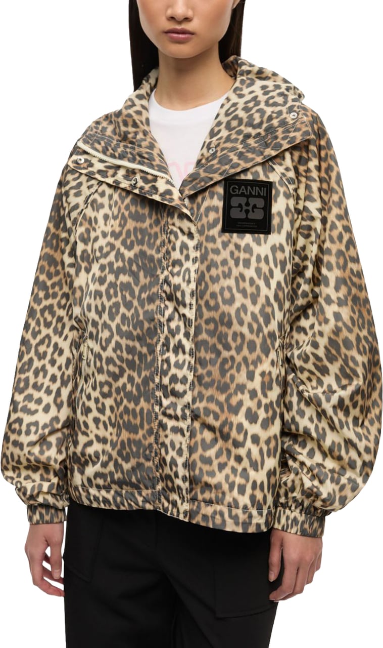 Ganni Coats Leopard Print Beige