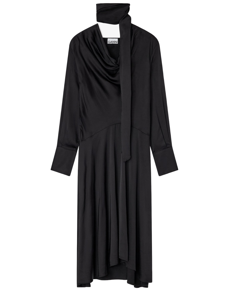 Ganni Viscose-Blend Draped Scarf Midi Dress Zwart