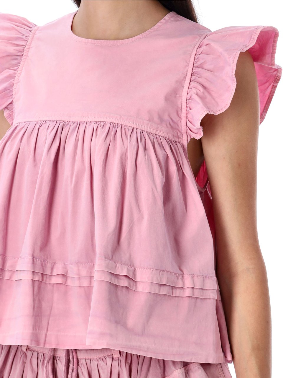 Ganni Washed Cotton Frill Top Blached Mauve Paars