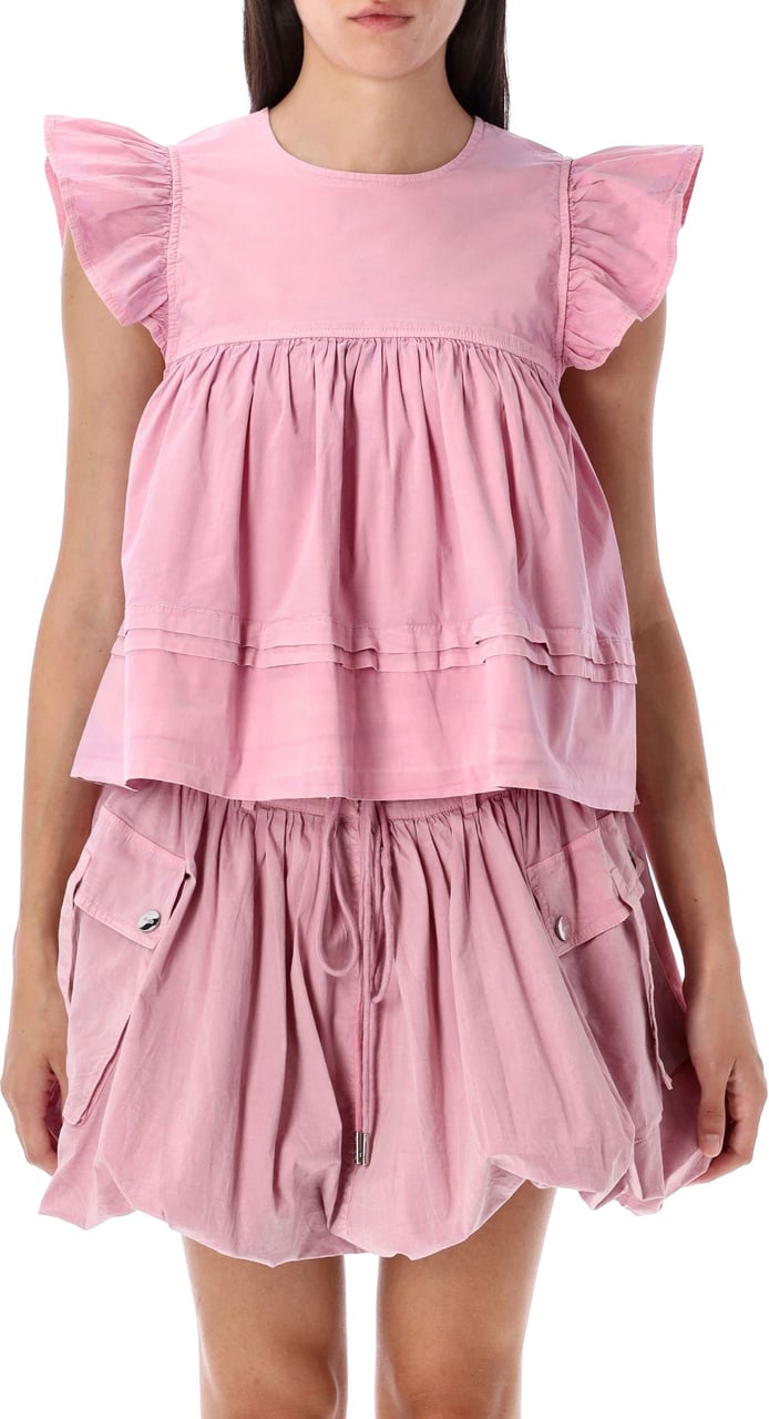 Ganni Washed Cotton Frill Top Blached Mauve Paars