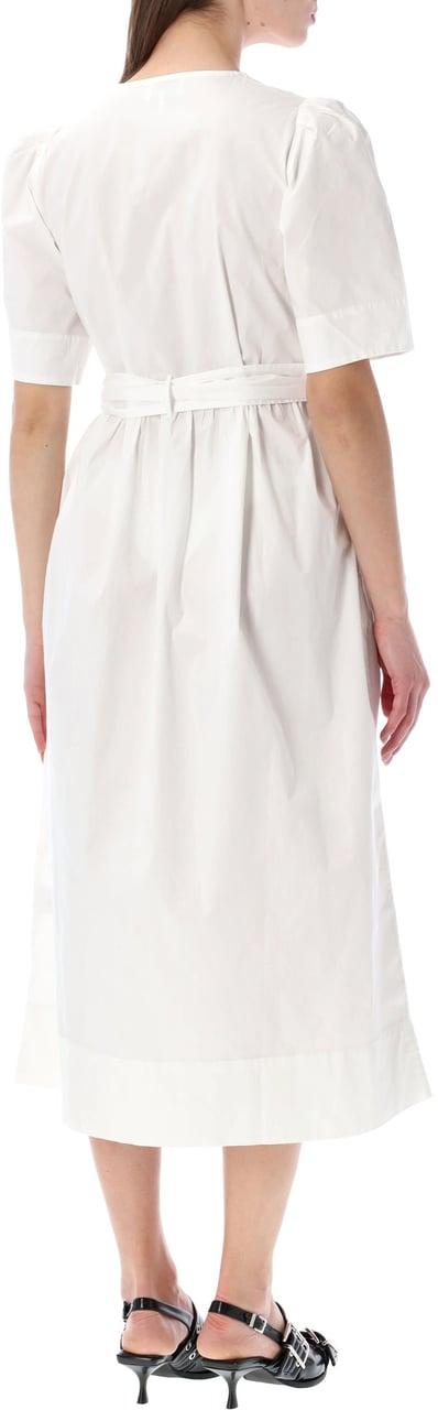 Ganni Cotton Long Dress Knot Birght White Wit