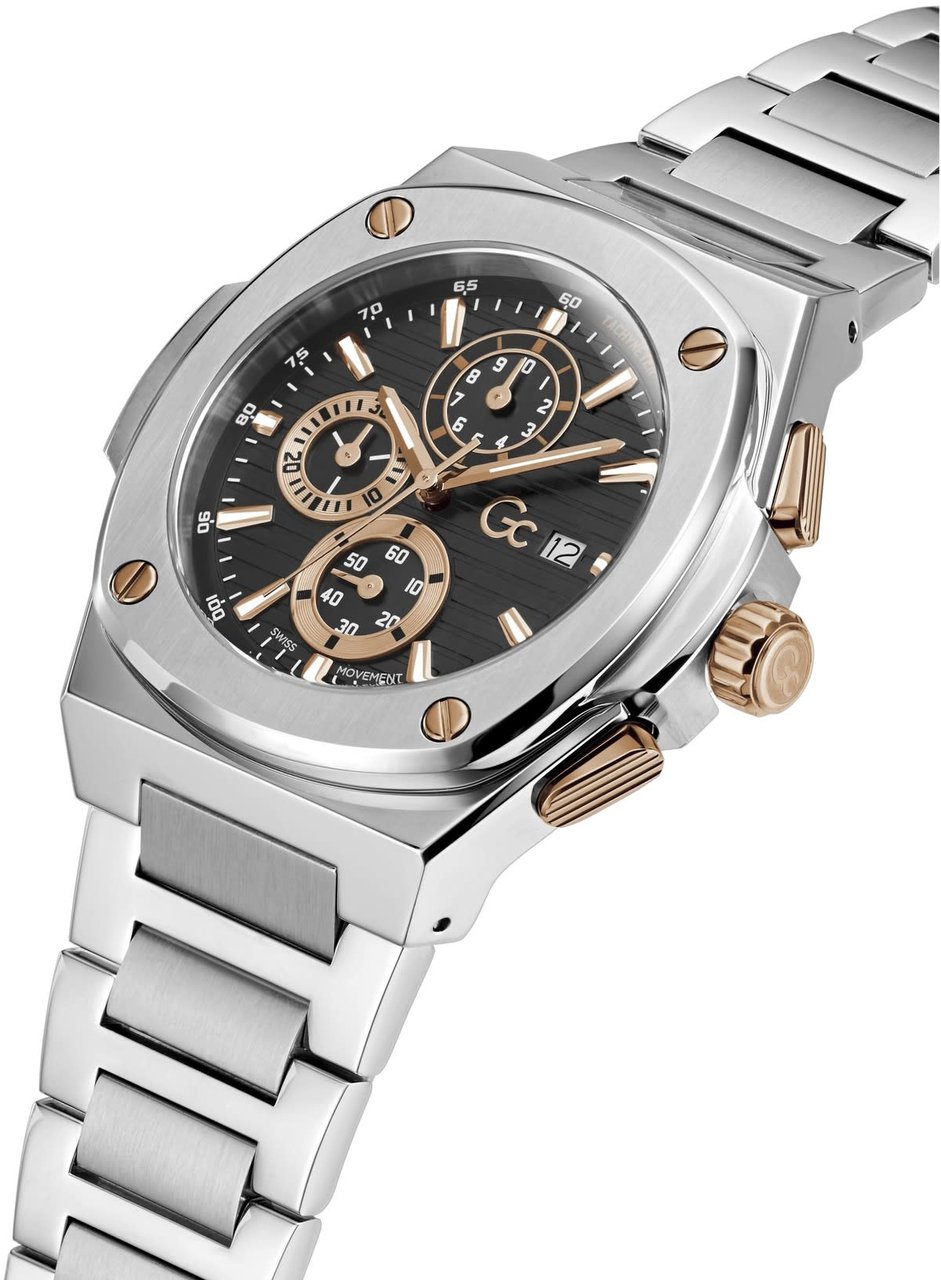 GC GC Horloge Y99001G2MF Staal Bi-color Quartz Swiss Made Chronograaf met Zwarte Wijzerplaat 44mm Zilver