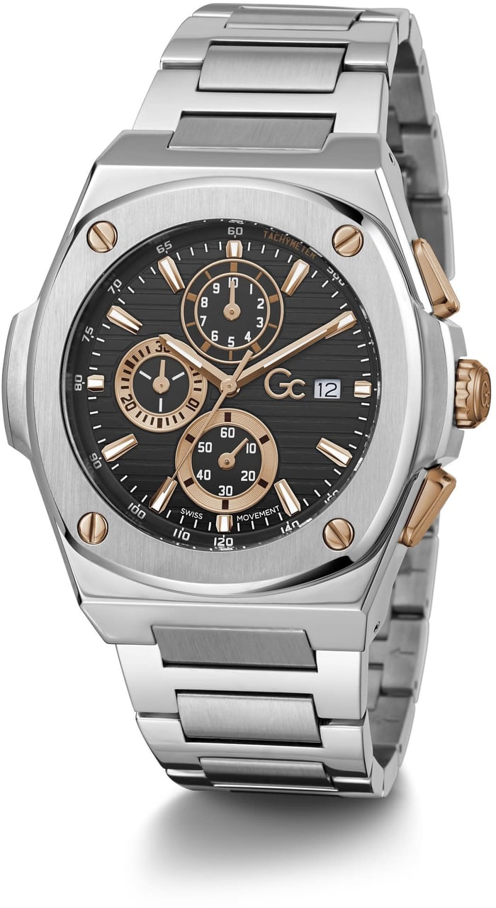 GC GC Horloge Y99001G2MF Staal Bi-color Quartz Swiss Made Chronograaf met Zwarte Wijzerplaat 44mm Zilver