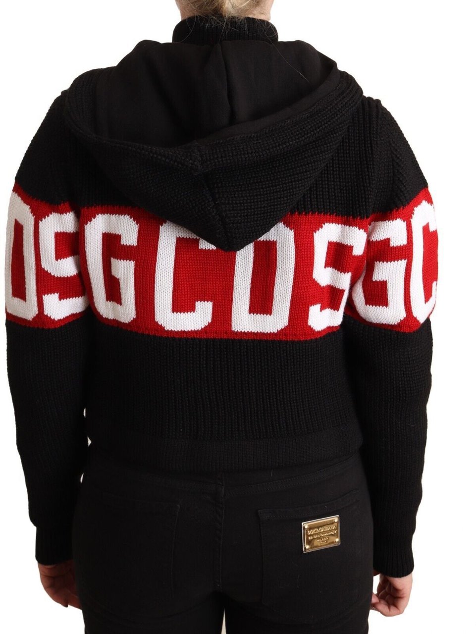 GCDS Black Cashmere Hooded Button Down Logo Cardigan Jacket Zwart