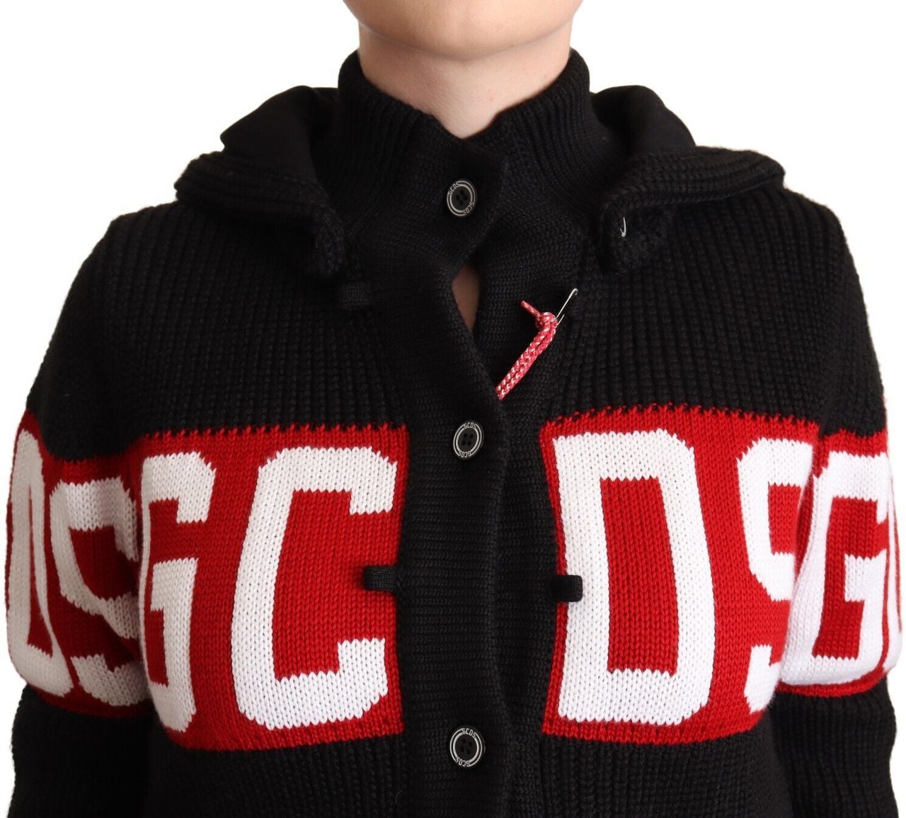 GCDS Black Cashmere Hooded Button Down Logo Cardigan Jacket Zwart