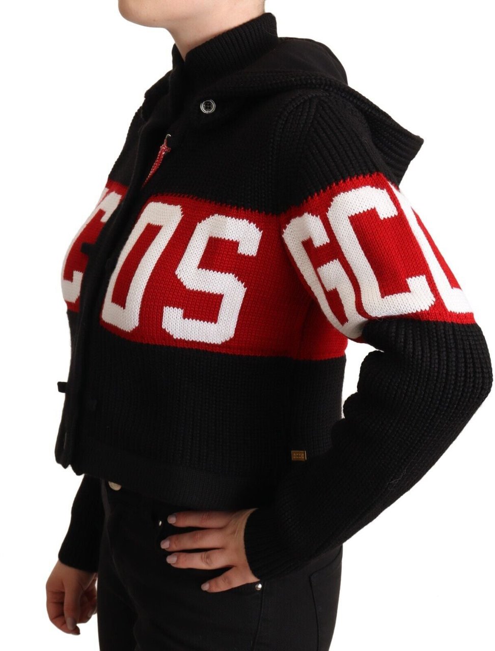 GCDS Black Cashmere Hooded Button Down Logo Cardigan Jacket Zwart