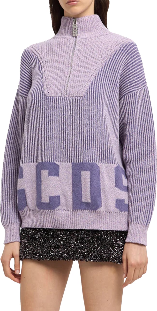 GCDS Ribbed Low Logo Half Zip Cotton Sweater Grijs