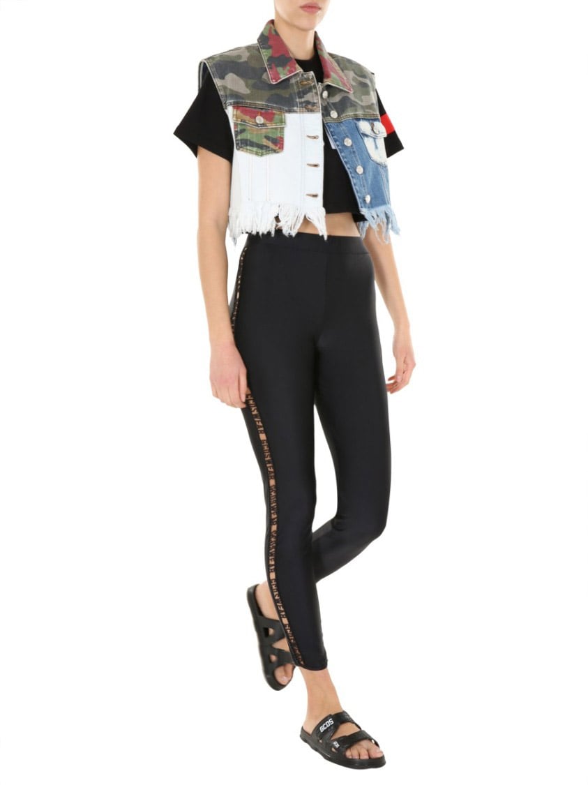 GCDS Cropped Denim Vest With Patchwork Design Zwart
