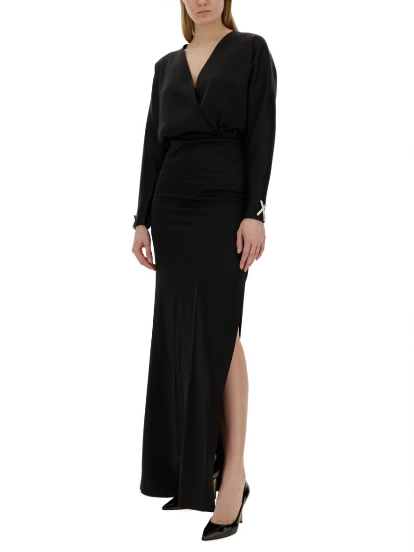 Genny Black Long Dress With Deep V-Neckline And High Slit Zwart