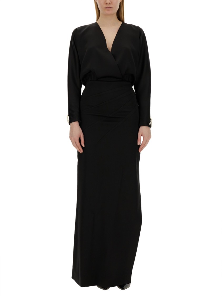 Genny Black Long Dress With Deep V-Neckline And High Slit Zwart