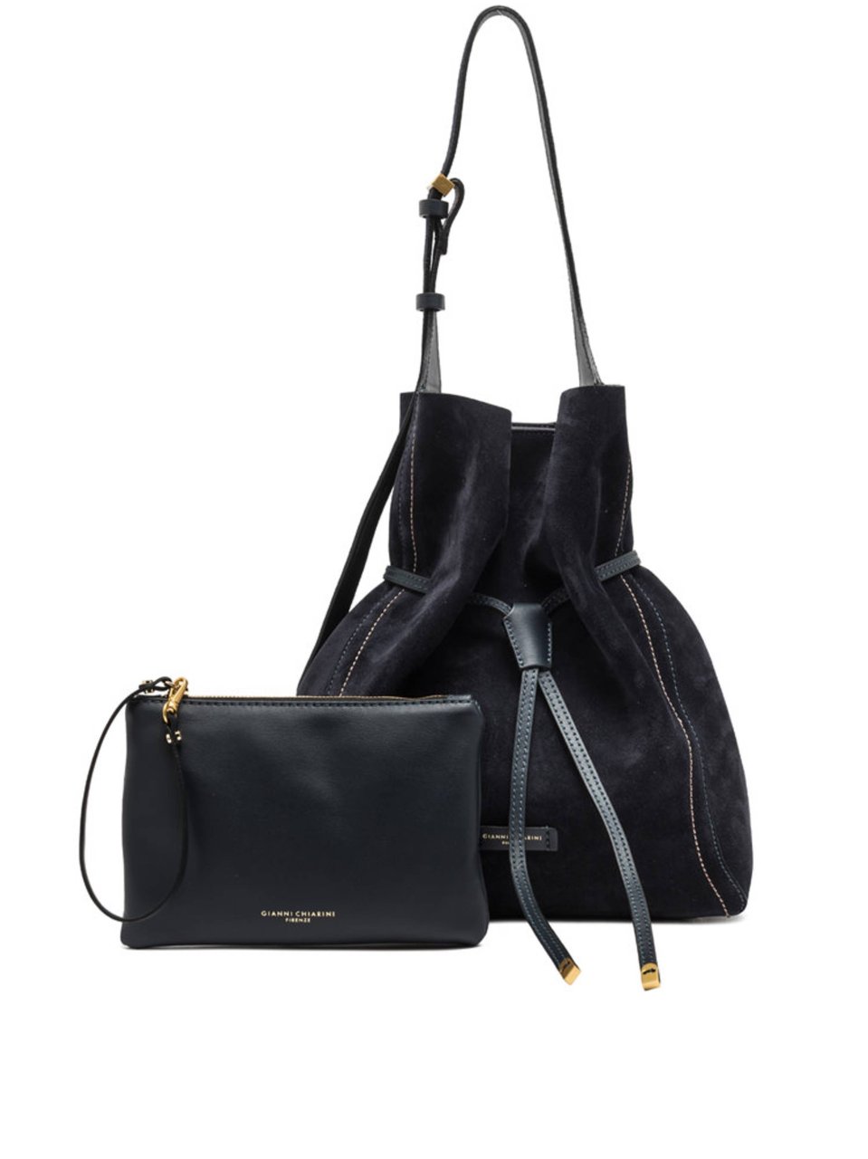 Gianni Chiarini Slouchy Suede Bucket Bag with Drawstring Closure Zwart