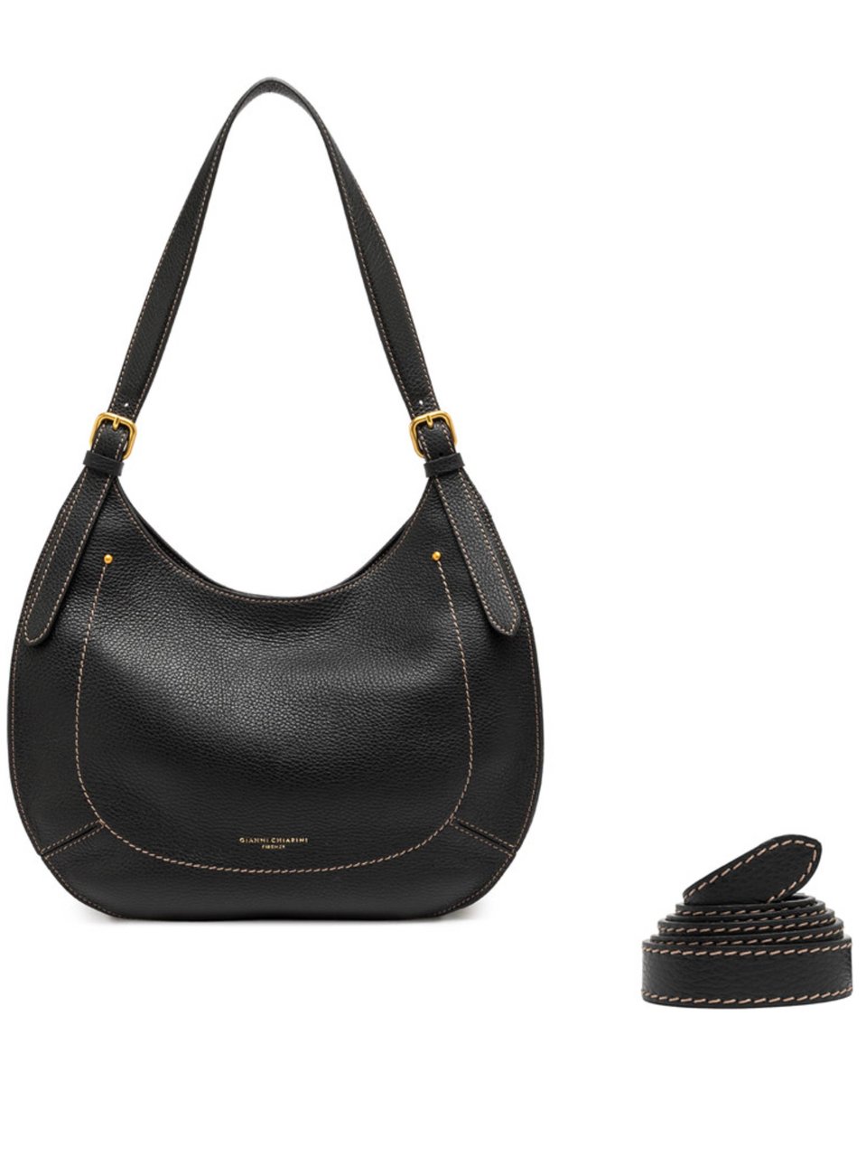 Gianni Chiarini Crescent-Shaped Textured Leather Handbag with Gold-Tone Accents Zwart