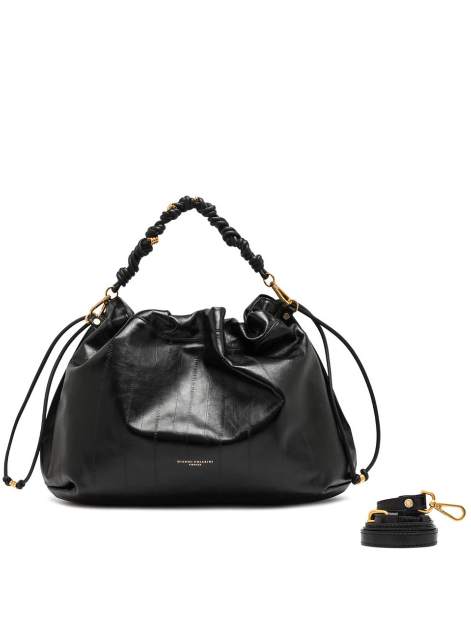 Gianni Chiarini Ruched Black Leather Handbag with Twisted Handle Zwart