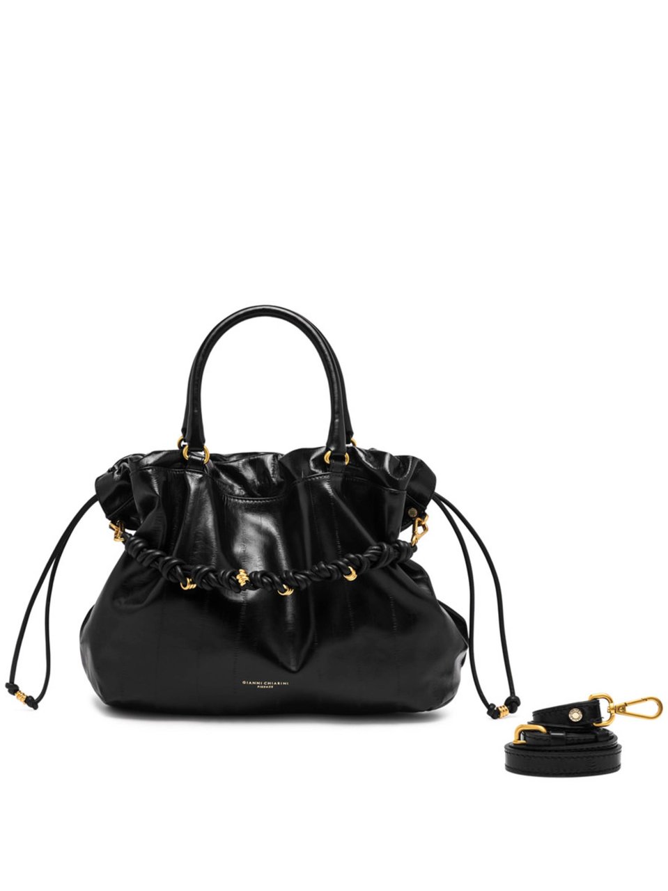 Gianni Chiarini Glossy Black Handbag with Ruched Design Zwart