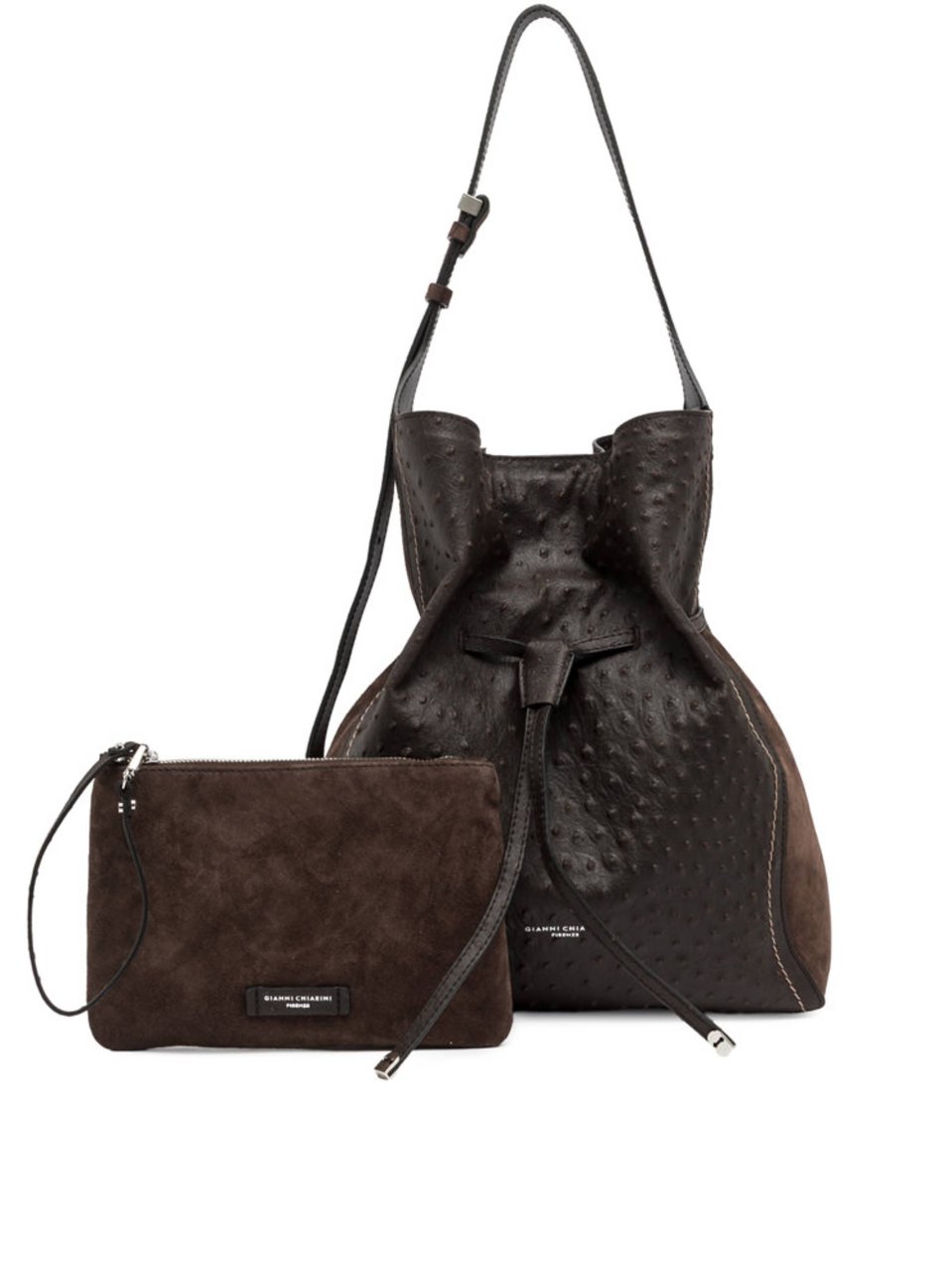 Gianni Chiarini Spacious Ostrich-Effect Leather Shoulder Bag Bruin