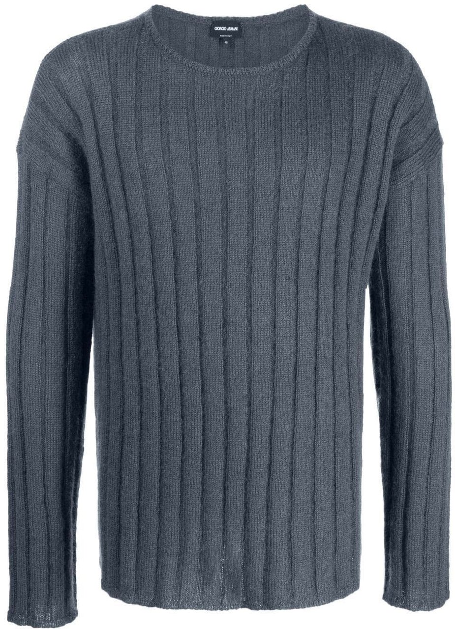 Giorgio Armani Black Ribbed Knit Wool Blend Sweater Grijs
