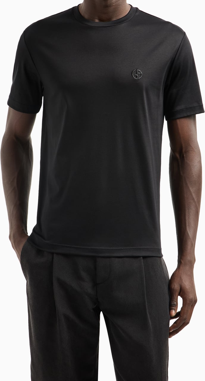 Giorgio Armani Black Short-Sleeve Cotton Tonal Logo T-Shirt Zwart