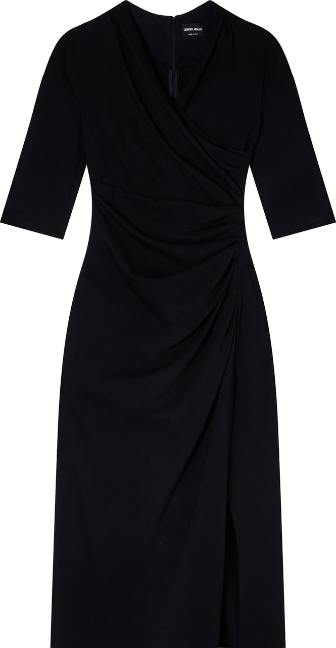 Giorgio Armani Fitted Black Midi Wrap Draped Dress Zwart