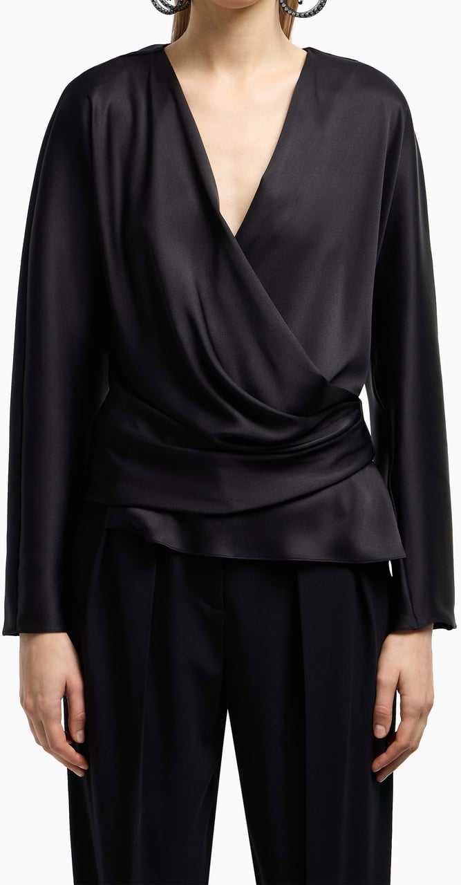 Giorgio Armani Draped V-Neck Double Silk Satin Shirt Zwart
