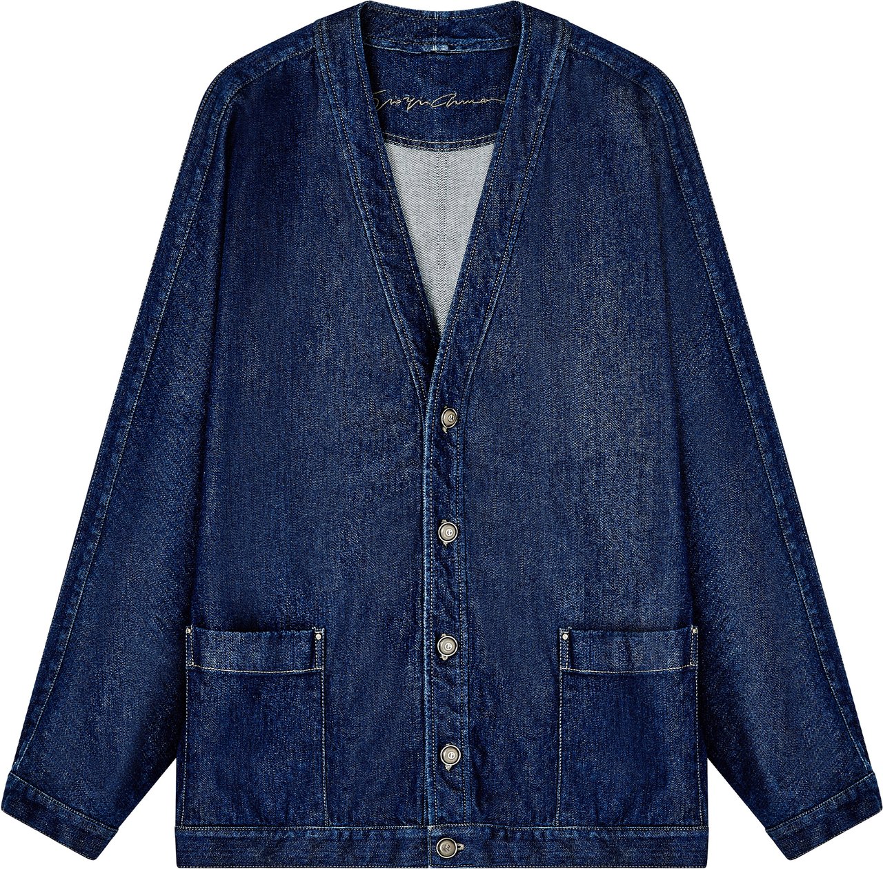 Giorgio Armani Indigo Denim V-Neck Metallic Button Jacket Zwart