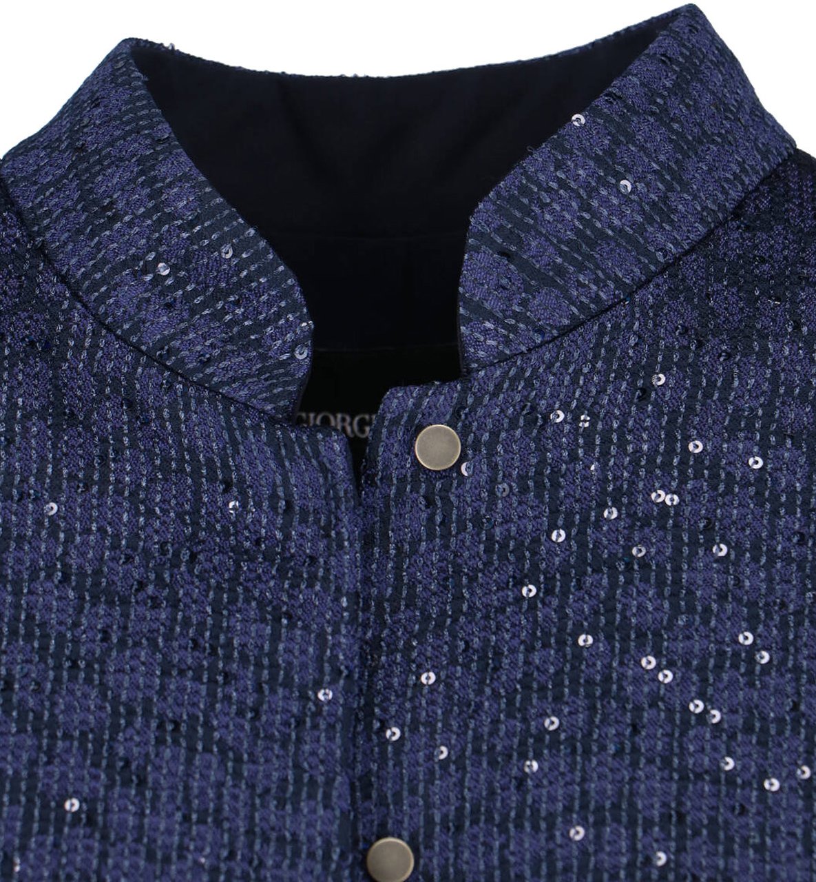 Giorgio Armani Navy Single-Breasted Sequin Mandarin Jacket Blauw