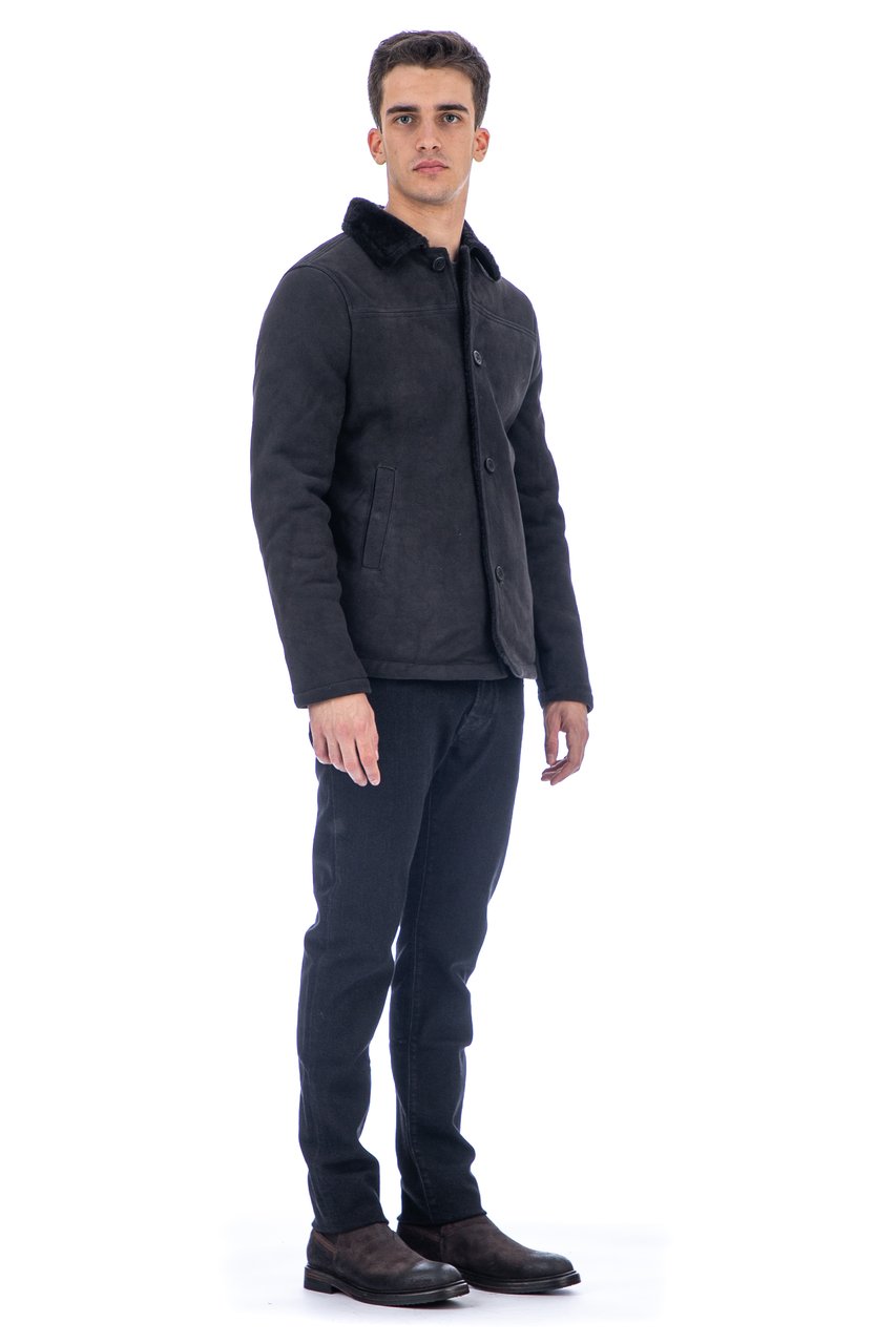 Giorgio Brato Short Black Lamb Leather Coat with Visible Button Closure Zwart