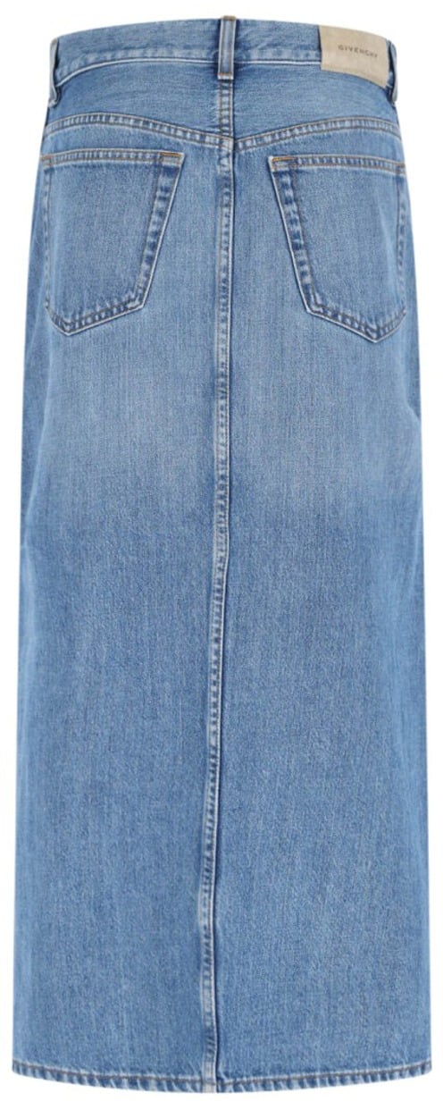 Givenchy Side Slit Midi Denim Skirt With Logo Patch Blauw