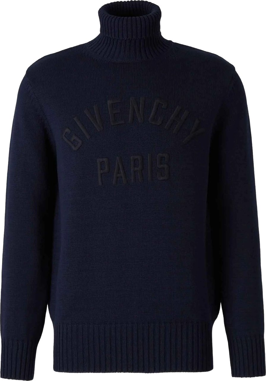 Givenchy Navy Ribbed Knit Raised Lettering Turtleneck Zwart