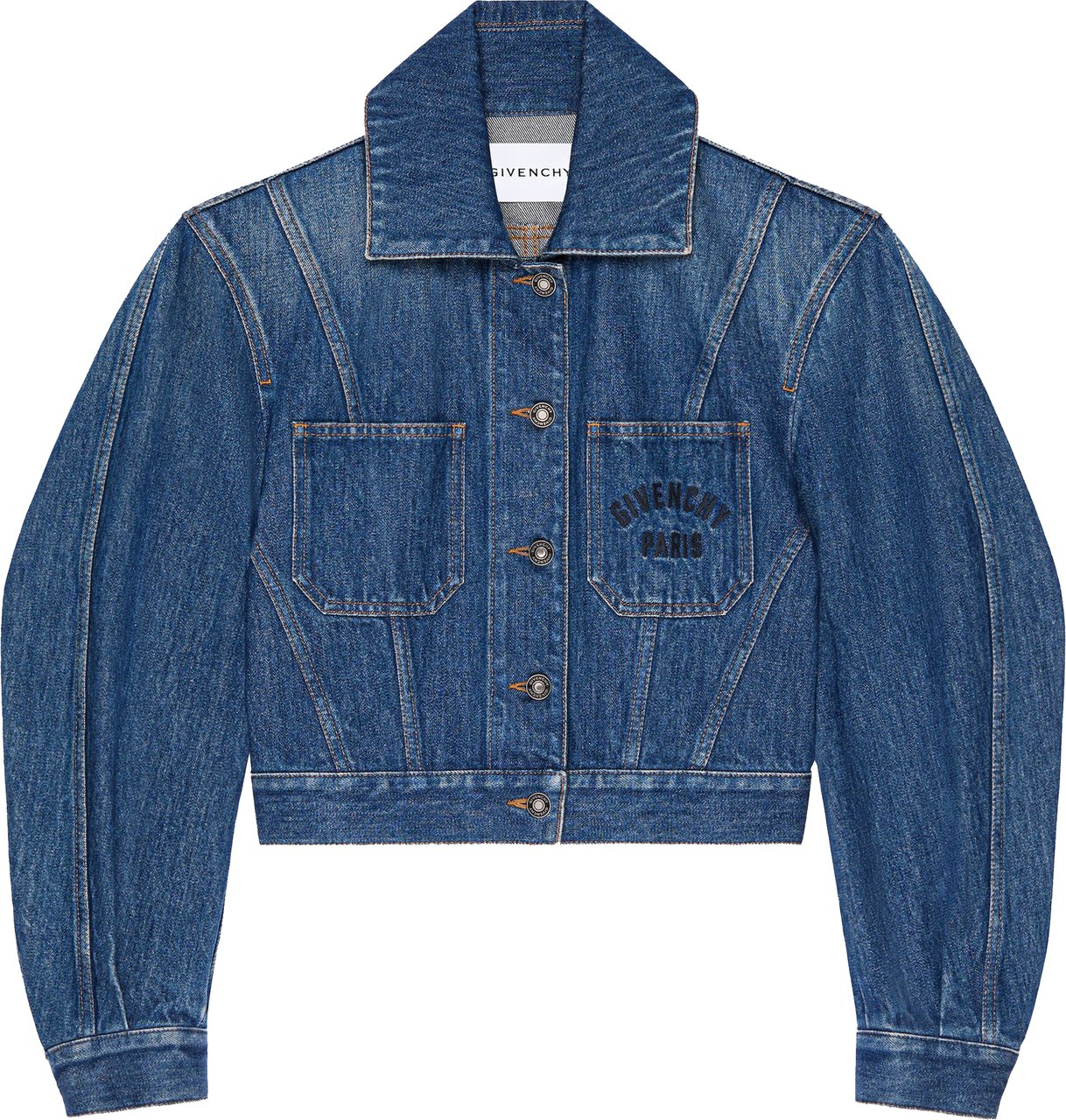 Givenchy Cropped Blue Denim Puffed Sleeve Jacket Blauw
