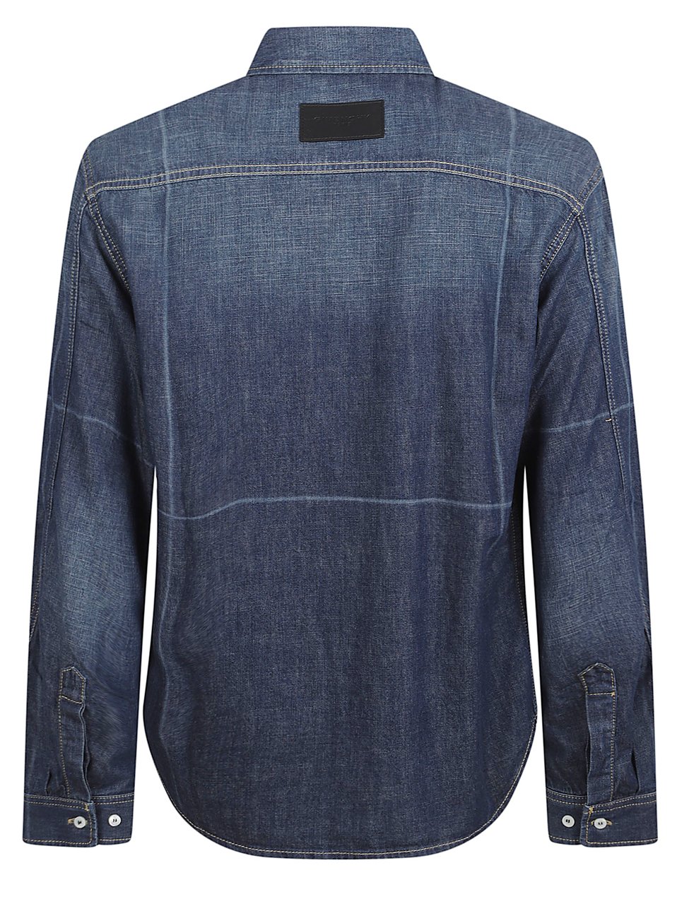 Givenchy Indigo Blue Long-Sleeved Denim Shirt with Leather Detail Blauw