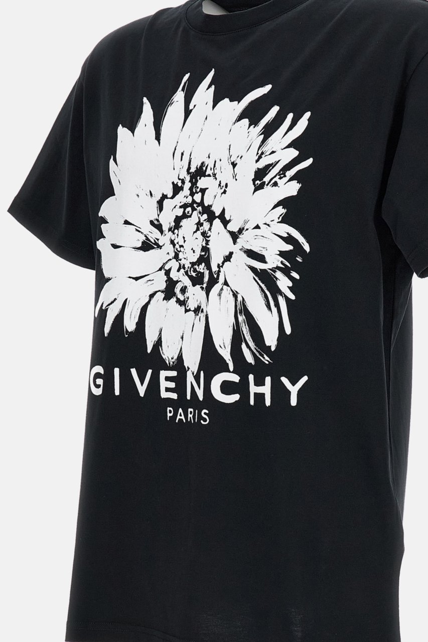 Givenchy Contrast Floral Print Cotton T-Shirt with Ribbed Collar Zwart