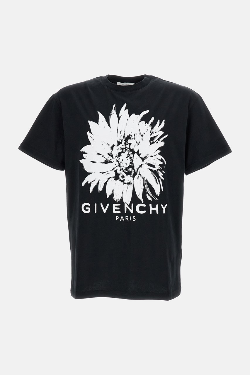 Givenchy Contrast Floral Print Cotton T-Shirt with Ribbed Collar Zwart