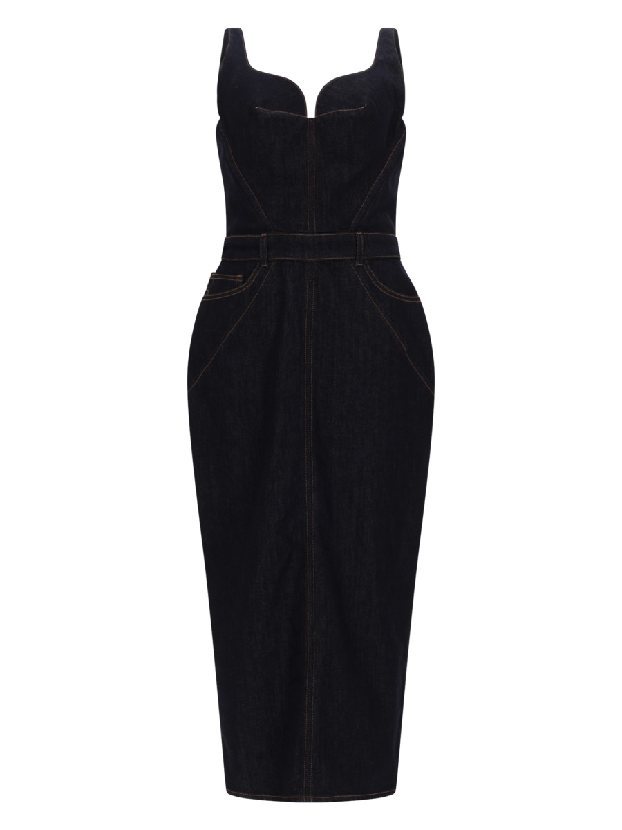 Givenchy Raw Denim Sweetheart Neckline Midi Dress Zwart